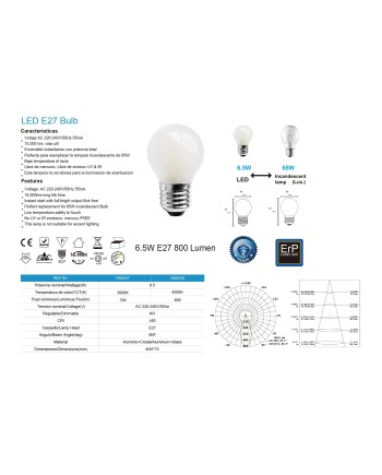 BOMBILLA LED * E27 OPAL ESFERICA – 6.5W - 4000K - 800 Lm - 360º
